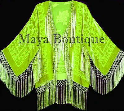 Pre-owned Maya Matazaro Fringe Jacket Short Kimono Duster Silk Burnout Velvet Lime Maya Boutique In Green