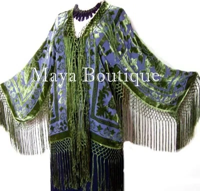 Pre-owned Maya Matazaro Fringe Jacket Short Kimono Olive & Gray Silk Burnout Velvet
