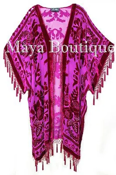 Pre-owned Maya Matazaro Fuchsia Beaded Silk Burnout Velvet Kimono Opera Coat Fringe Jacket In Pink