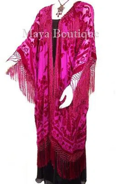 Pre-owned Maya Matazaro Fuchsia Silk Burnout Velvet Fringe Jacket Kimono Duster  Plus In Pink