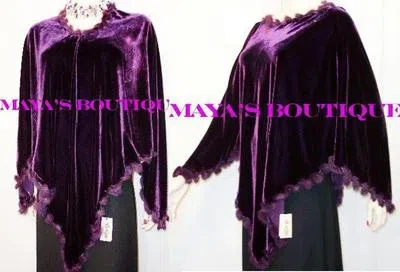 Pre-owned Maya Matazaro Fur Trim Silk Velvet Poncho Shawl Top Plum  In Purple