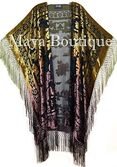 Pre-owned Maya Matazaro Gold & Brown Wearable Art Kimono Caftan Fringe Jacket Burnout Velvet Hand Dyed