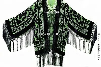 Pre-owned Maya Matazaro Green & Black Fringe Jacket Kimono Bolero Silk Burnout Velvet