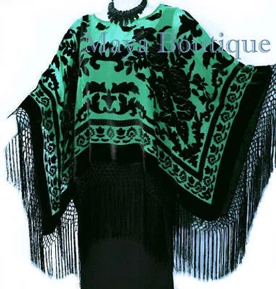 Pre-owned Maya Matazaro Green & Black Silk Burnout Velvet Poncho Shawl Top W Fringes Usa