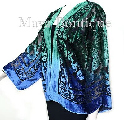Pre-owned Maya Matazaro Green Blue Burnout Velvet Jacket Short Kimono No Fringe Hand Dyed  In Green Blue Ombree