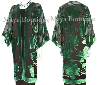 Pre-owned Maya Matazaro Green Long Kimono Jacket Silk Burnout Velvet No Fringe  In Green & Black