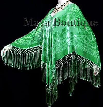 Pre-owned Maya Matazaro Green Silk Burnout Velvet Poncho Fringe Top Shawl Hand Dyed