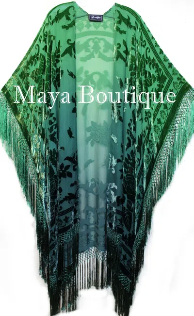 Pre-owned Maya Matazaro Green Wearable Art Kimono Caftan Fringe Jacket Burnout Velvet Hand Dyed Maya In Green Ombre