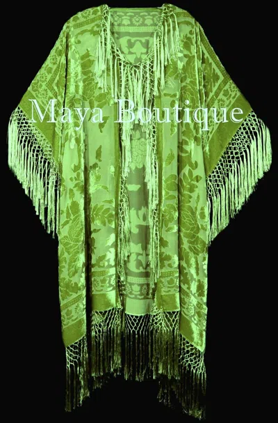Pre-owned Maya Matazaro Greenery Green Silk Burnout Velvet Fringe Jacket Kimono Duster  In Greenery Green Hand Dyed