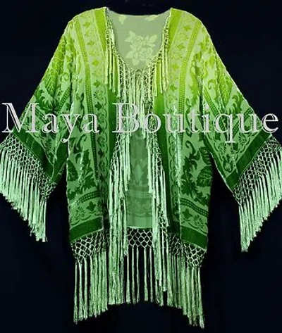 Pre-owned Maya Matazaro Greenery Ombre Burnout Velvet Kimono Jacket Hand Dye Wearable Art