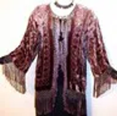Pre-owned Maya Matazaro Hand Dyed Burnout Velvet Fringe Jacket Kimono Short Brown & Beige