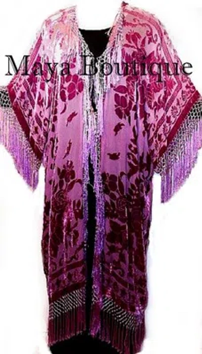 Pre-owned Maya Matazaro Hand Dyed Kimono Jacket Duster Silk Burnout Velvet Wine Rose Ombre