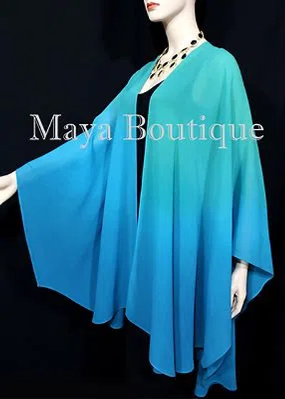 Pre-owned Maya Matazaro Hand Dyed  Silk Chiffon Cape Ruana Caftan Wrap Aqua Blue Ombre