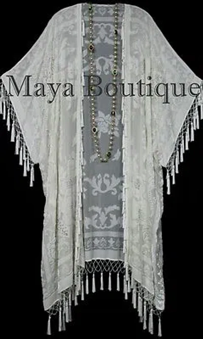 Pre-owned Maya Matazaro Ivory Beaded Silk Burnout Velvet Kimono Opera Coat Fringe Jacket  In White