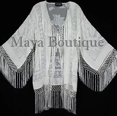 Pre-owned Maya Matazaro Ivory Fringes Jacket Kimono Short Coat Silk Burnout Velvet In White