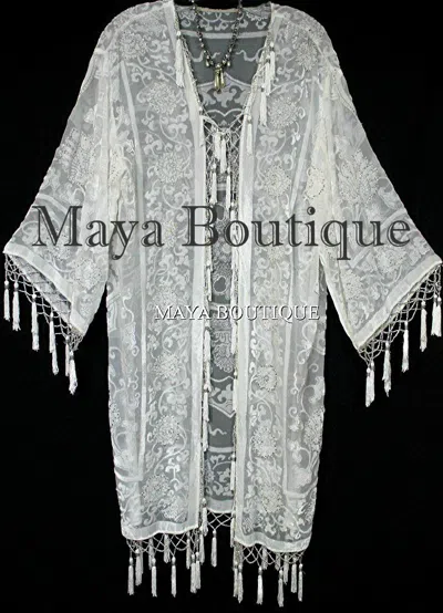 Pre-owned Maya Matazaro Ivory Kimono Flapper Jacket Silk Beaded Burnout Velvet Medalion  In White