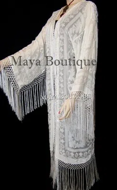 Pre-owned Maya Matazaro Ivory  Fringes Jacket Kimono Long Fringe Coat Silk Burnout Velvet In White