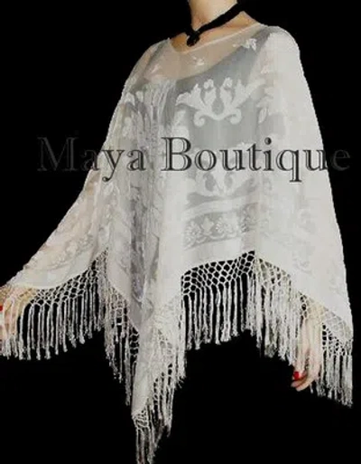 Pre-owned Maya Matazaro Ivory  Silk Burnout Velvet Poncho Top Piano Shawl Fringed Wrap In White