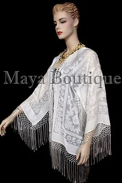 Pre-owned Maya Matazaro Ivory Short Fringe Coat Jacket Kimono Silk Burnout Velvet  Usa Made In White