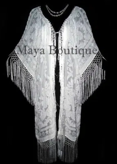 Pre-owned Maya Matazaro Ivory Silk Burnout Velvet Fringe Jacket Kimono Duster  Plus In White