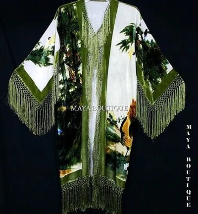 Pre-owned Maya Matazaro Kimono Duster Fringe Jacket Silk Solid Velvet Peacock Ivory Multi  In Ivory - Green -multi
