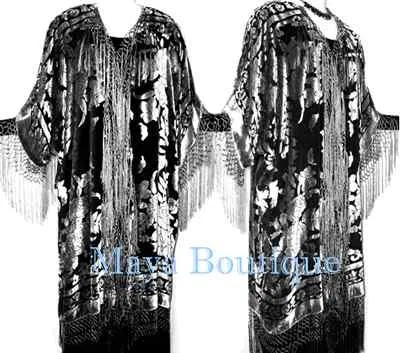 Pre-owned Maya Matazaro Kimono Fringe Jacket Opera Coat Burnout Velvet Silver Black
