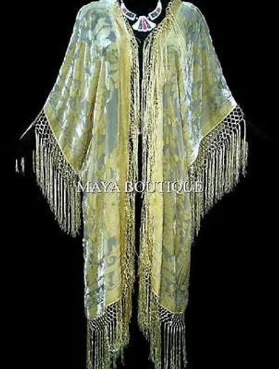 Pre-owned Maya Matazaro Kimono Fringe Jacket Opera Coat Silk Burnout Velvet Vanilla Maya Kimono Plus In White