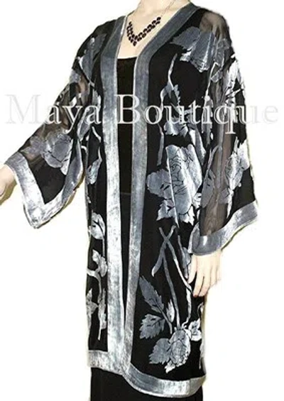 Pre-owned Maya Matazaro Kimono Jacket Silk Burnout Velvet Long Silver Black No Fringe