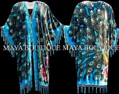 Pre-owned Maya Matazaro Kimono Opera Coat Duster Beaded Silk Burnout Velvet Peacock Turquoise Maya Plus In Turquoise Blue Multi