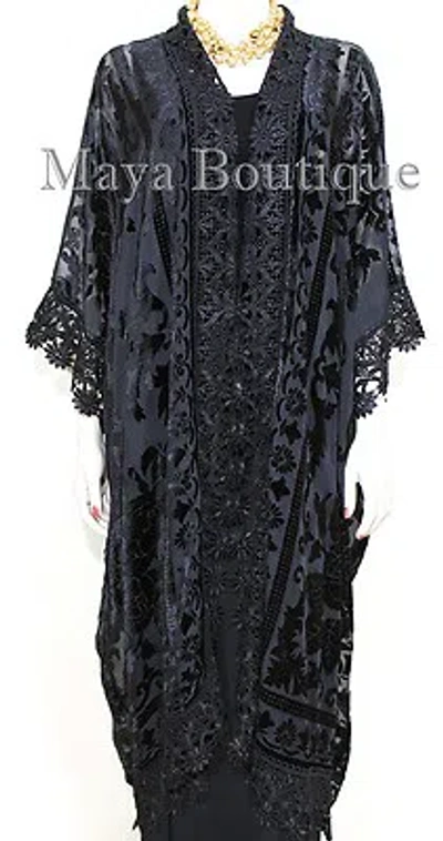 Pre-owned Maya Matazaro Lace & Burnout Velvet Kimono Caftan Jacket Duster Black  Plus