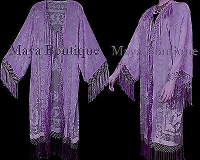 Pre-owned Maya Matazaro Lavender Fringes Jacket Kimono Silk Burnout Velvet Flapper Style  In Purple