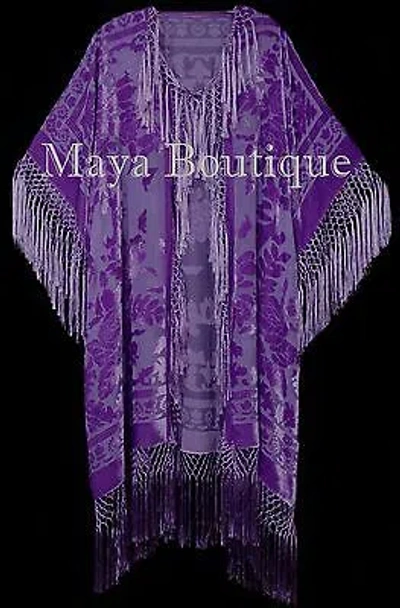 Pre-owned Maya Matazaro Lavender Kimono Duster Fringe Jacket Silk Burnout Velvet  Plus In Purple