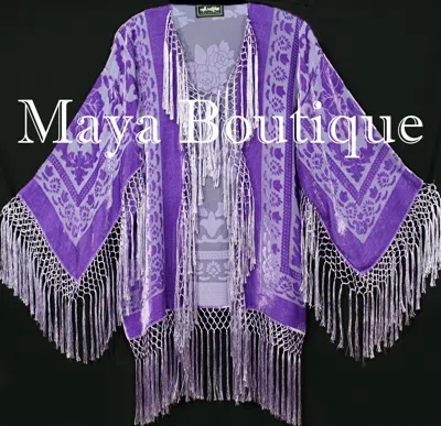 Pre-owned Maya Matazaro Lavender Silk Burnout Velvet Fringe Jacket Short Kimono Hand Dyed In Purple
