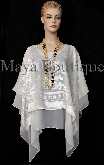 Pre-owned Maya Matazaro Layered Poncho Top Burnout Velvet & Chiffon Ivory Made In Usa In White