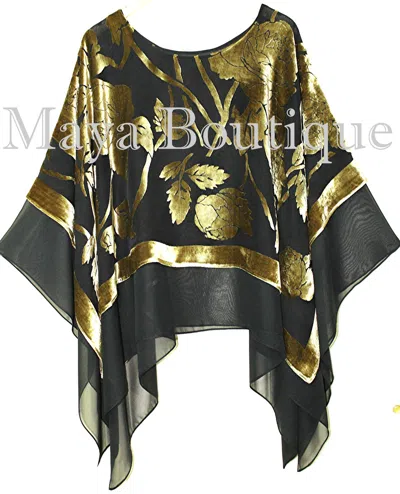 Pre-owned Maya Matazaro Layered Poncho Top Silk Burnout Velvet Chiffon Black Antique Gold