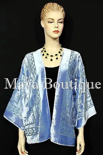 Pre-owned Maya Matazaro Light Blue Jacket Kimono Burnout Velvet Short No Fringe Hand Dyed