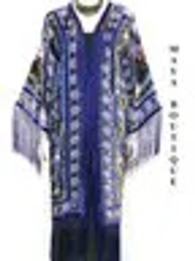Pre-owned Maya Matazaro Long Fringe Jacket Kimono Silk Burnout Velvet Blue Multi