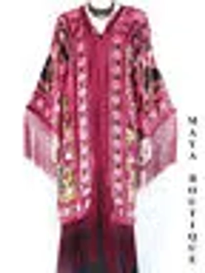 Pre-owned Maya Matazaro Long Fringe Jacket Kimono Silk Burnout Velvet Wine Red Multi