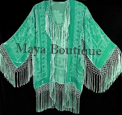 Pre-owned Maya Matazaro Lucite Green Kimono Silk Burnout Velvet Fringe Jacket Short  Usa