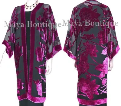 Pre-owned Maya Matazaro Magenta Long Kimono Jacket Silk Burnout Velvet No Fringe  Usa Made In Purple