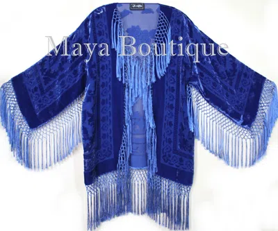 Pre-owned Maya Matazaro Maya Clothing Royal Blue Fringe Jacket Kimono Short Silk Burnout Velvet Hand Dye