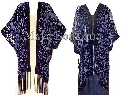 Pre-owned Maya Matazaro Navy Blue Caftan Kimono Duster Burnout Velvet Art Nouveau  Usa