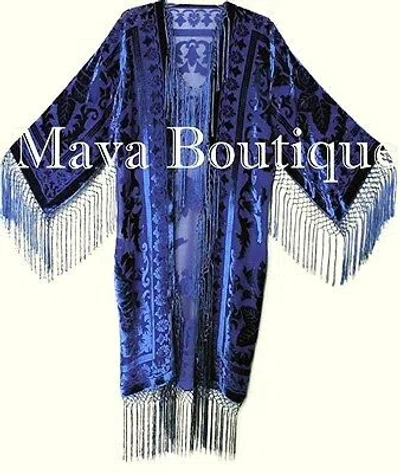 Pre-owned Maya Matazaro Navy Blue Fringe Jacket Long Kimono Silk Burnout Velvet  Usa Made