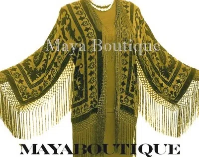 Pre-owned Maya Matazaro Olive Green Silk Burnout Velvet Fringe Jacket Short Kimono  Usa