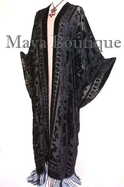 Pre-owned Maya Matazaro Opera Caftan Kimono Duster Burnout Velvet Black Extra Long Usa