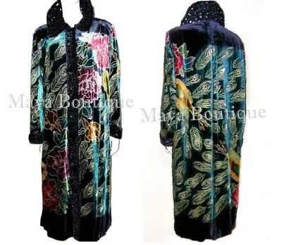 Pre-owned Maya Matazaro Opera Coat Duster Wearable Art Silk Velvet Peacock Black Long Lined 1x Maya