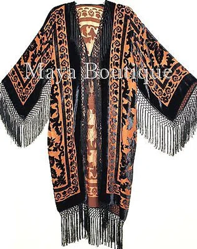 Pre-owned Maya Matazaro Orange & Black Silk Burnout Velvet Fringes Jacket Kimono Coat Long