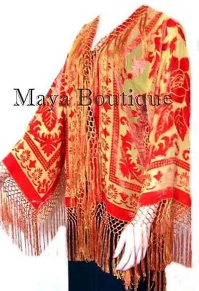 Pre-owned Maya Matazaro Orange & Gold Burnout Velvet Silk Fringe Jacket Kimono Short