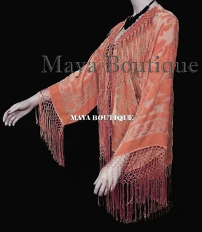 Pre-owned Maya Matazaro Papaya Orange Silk Burnout Velvet Fringe Jacket Short Kimono  Usa