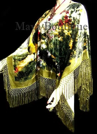 Pre-owned Maya Matazaro Peacock Poncho Shawl Top Silk Burnout Velvet Ivory Multi  In Ivory Olive Green Multi